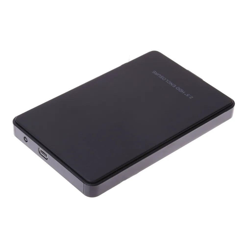 Black 2.5-inch USB 3.0 SATA hard drive enclosure without screws on a flat surface
