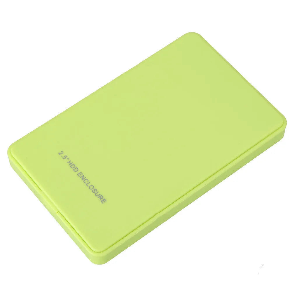Black 2.5-inch USB 3.0 SATA hard drive enclosure without screws on a flat surface
