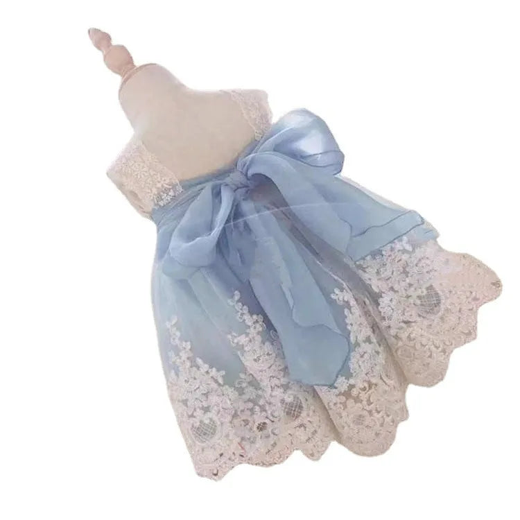 Ocean blue princess dress for baby girls with lace detailing and bohemian style elements