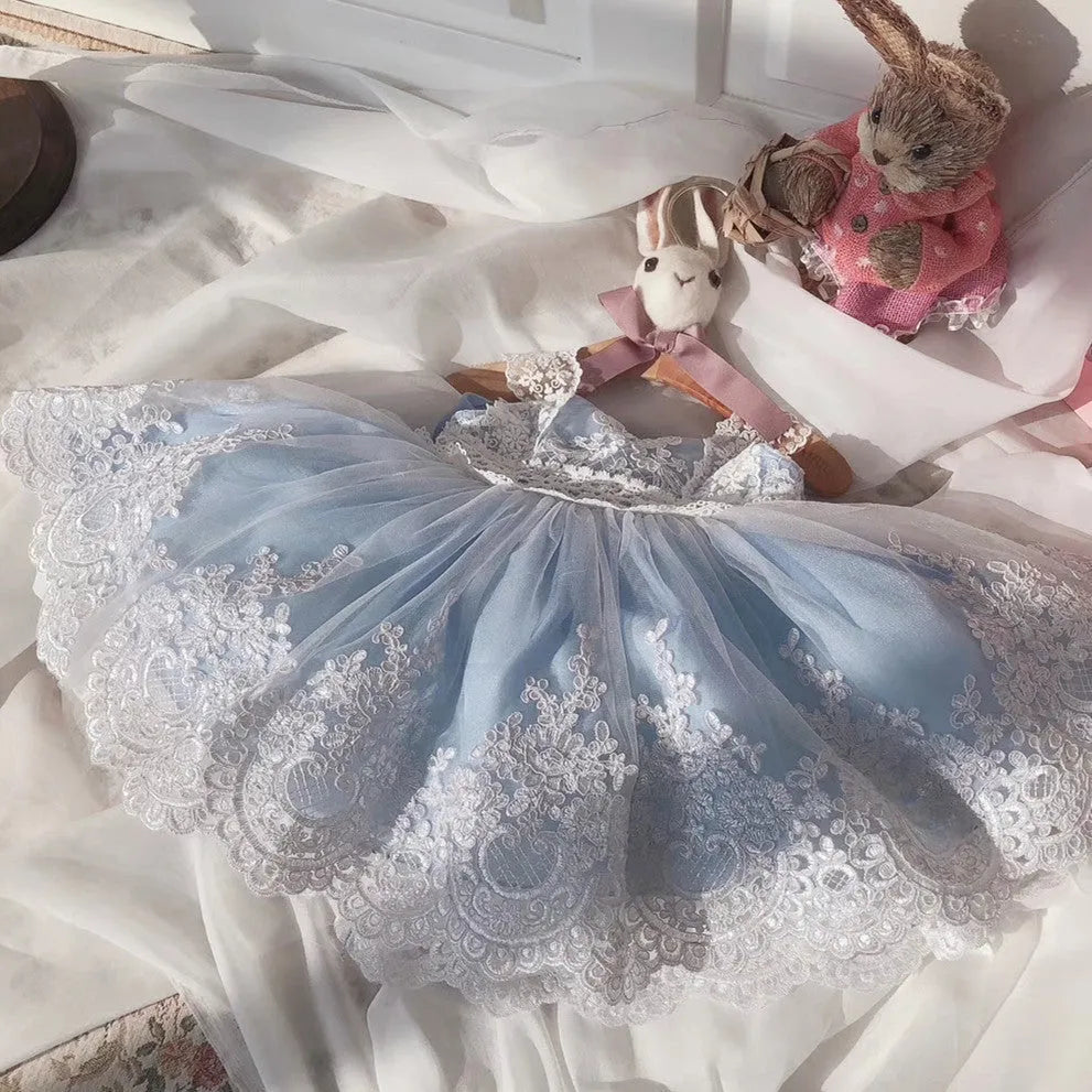 Ocean blue princess dress for baby girls with lace detailing and bohemian style elements