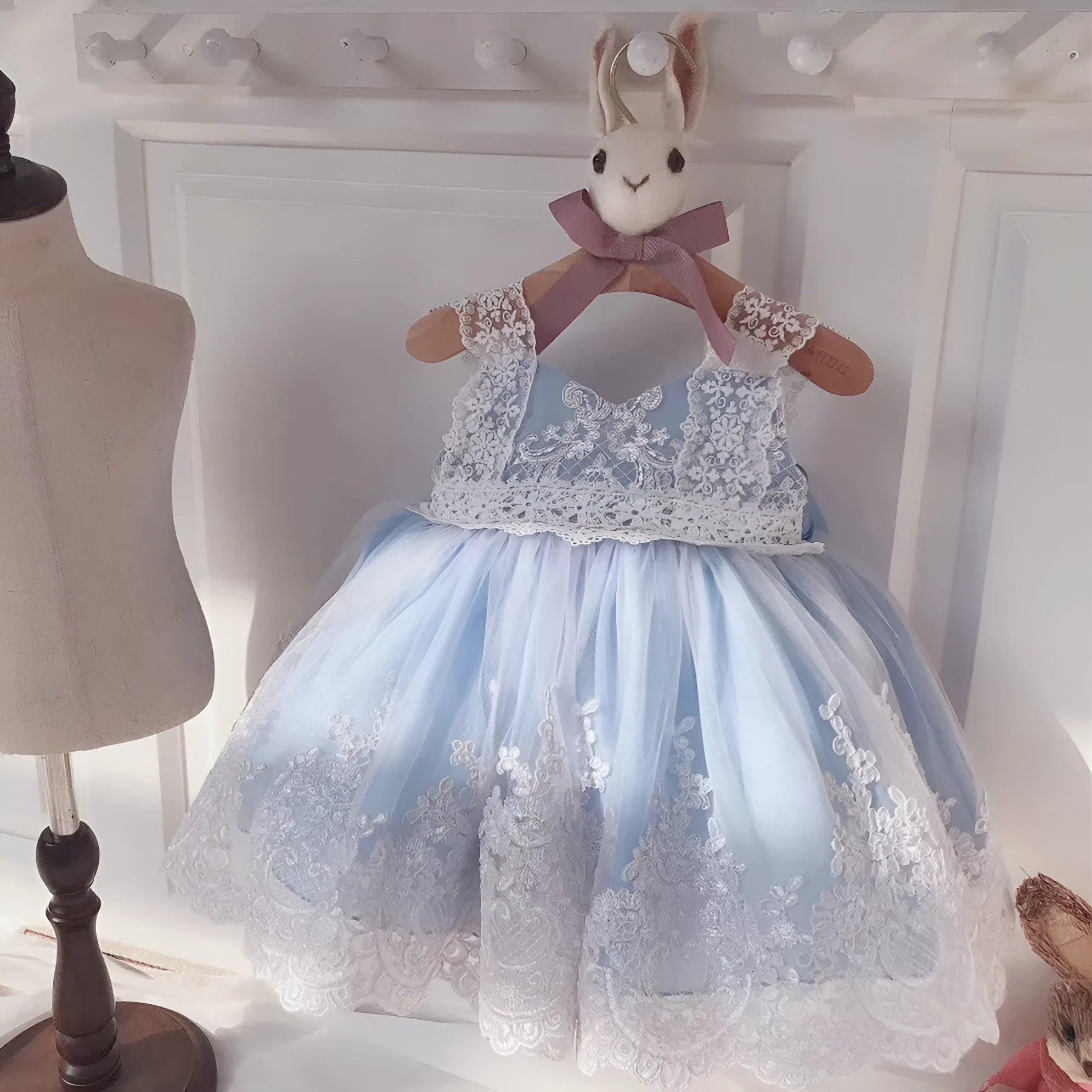 Ocean blue princess dress for baby girls with lace detailing and bohemian style elements