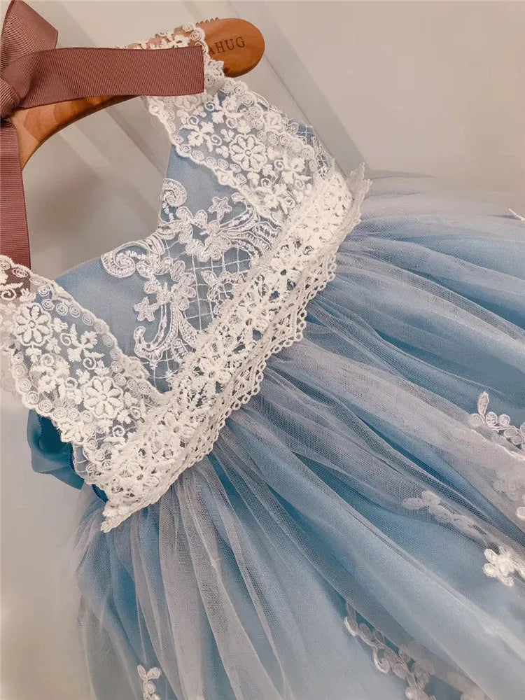 Ocean blue princess dress for baby girls with lace detailing and bohemian style elements