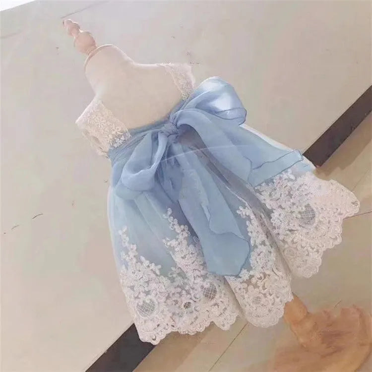 Ocean blue princess dress for baby girls with lace detailing and bohemian style elements