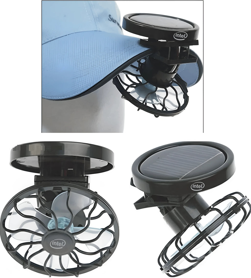 Black portable solar-powered clip-on fan with a small solar panel, shown with rectangular and round bottom options.