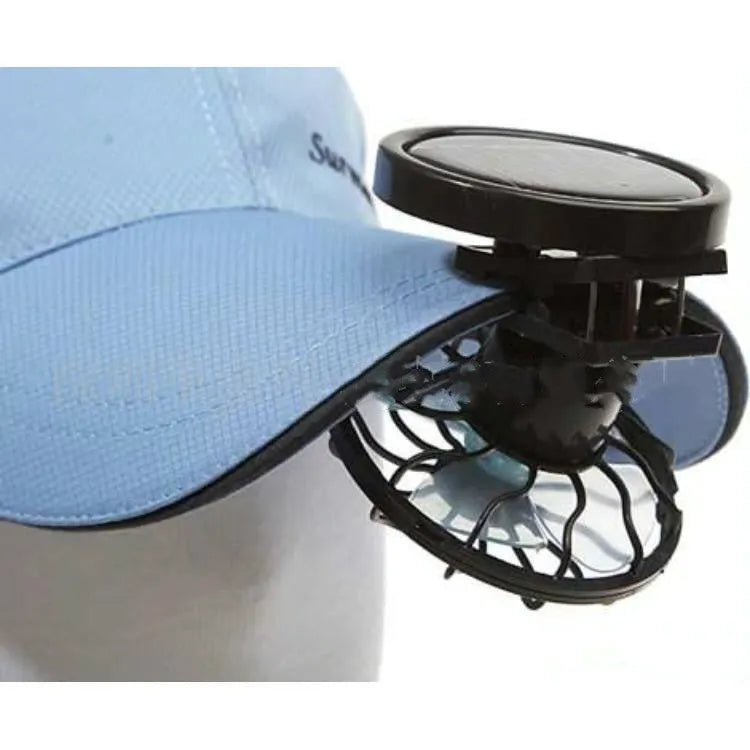 Black portable solar-powered clip-on fan with a small solar panel, shown with rectangular and round bottom options.