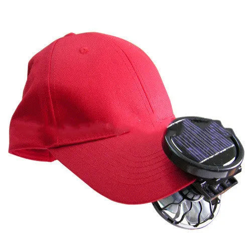 Black portable solar-powered clip-on fan with a small solar panel, shown with rectangular and round bottom options.