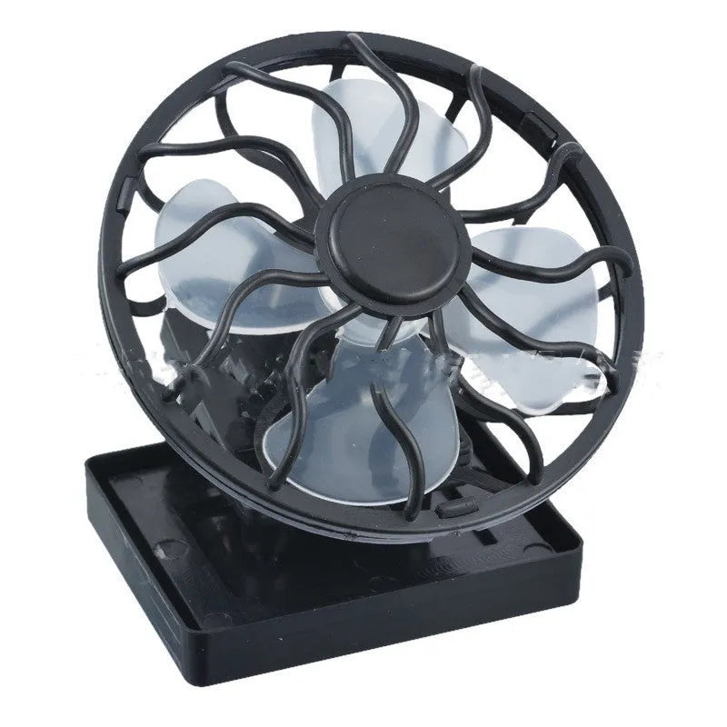 Black portable solar-powered clip-on fan with a small solar panel, shown with rectangular and round bottom options.