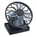 Black portable solar-powered clip-on fan with a small solar panel, shown with rectangular and round bottom options.