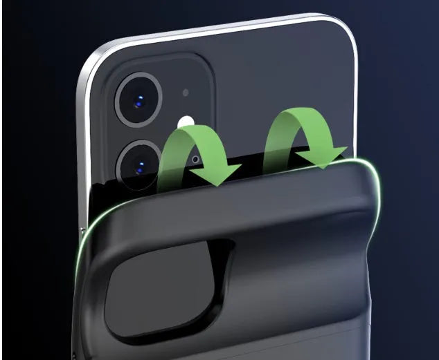 Black wireless back clip battery for iPhone 12 with ultra-thin TPU case showing multi-USB ports