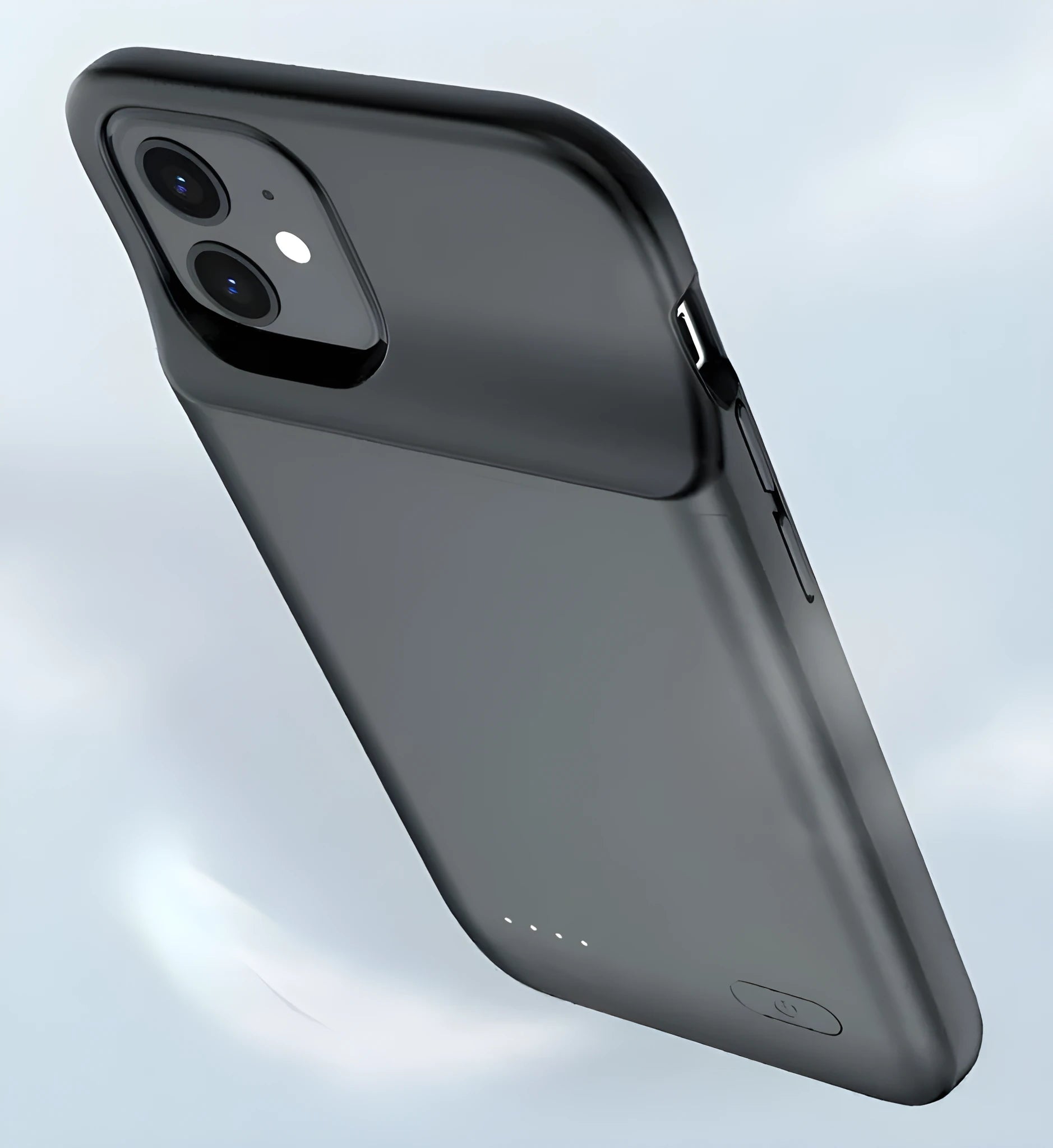 Black wireless back clip battery for iPhone 12 with ultra-thin TPU case showing multi-USB ports