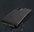 Black wireless back clip battery for iPhone 12 with ultra-thin TPU case showing multi-USB ports