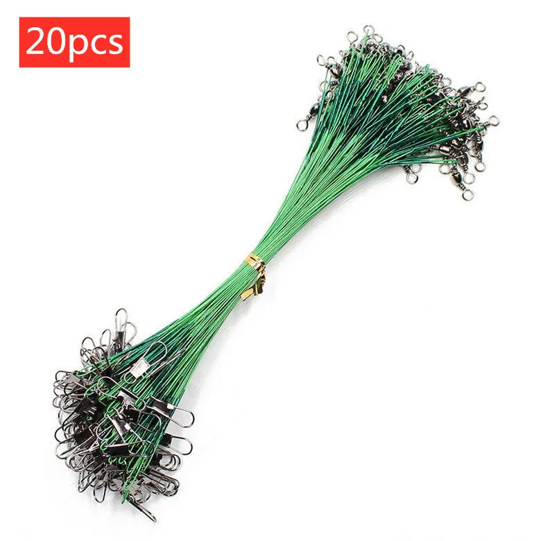 20 pack of anti bite steel fishing wire leaders in black and green, lengths 15cm to 30cm, with swivel