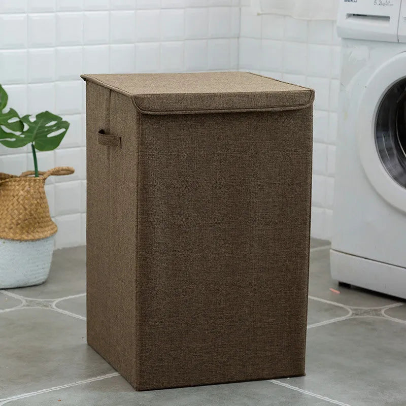 Fabric clothes sorting box in beige, brown, green, or grey colours with cotton linen material.