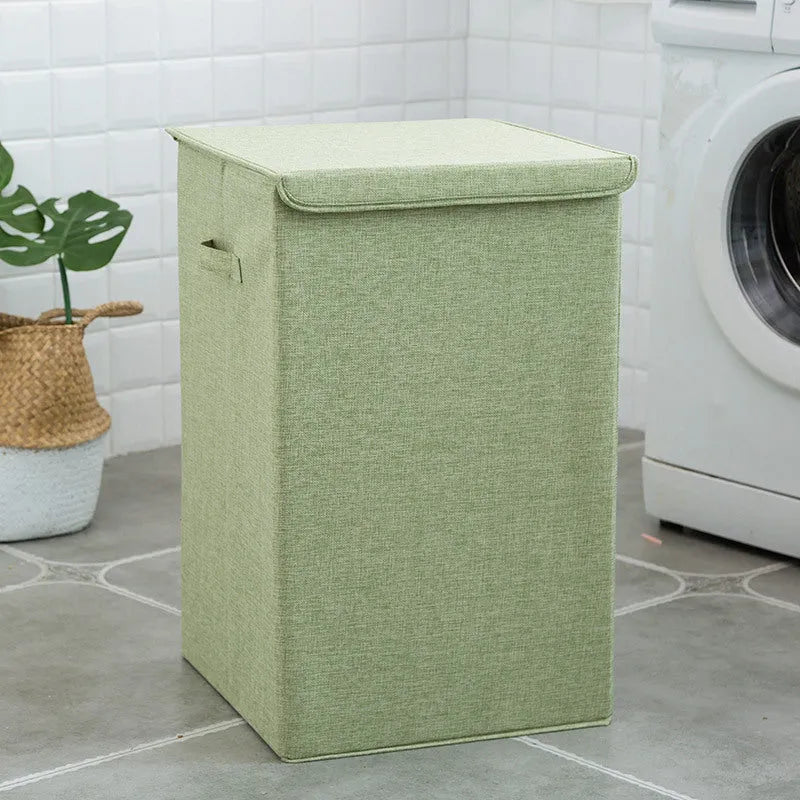 Fabric clothes sorting box in beige, brown, green, or grey colours with cotton linen material.