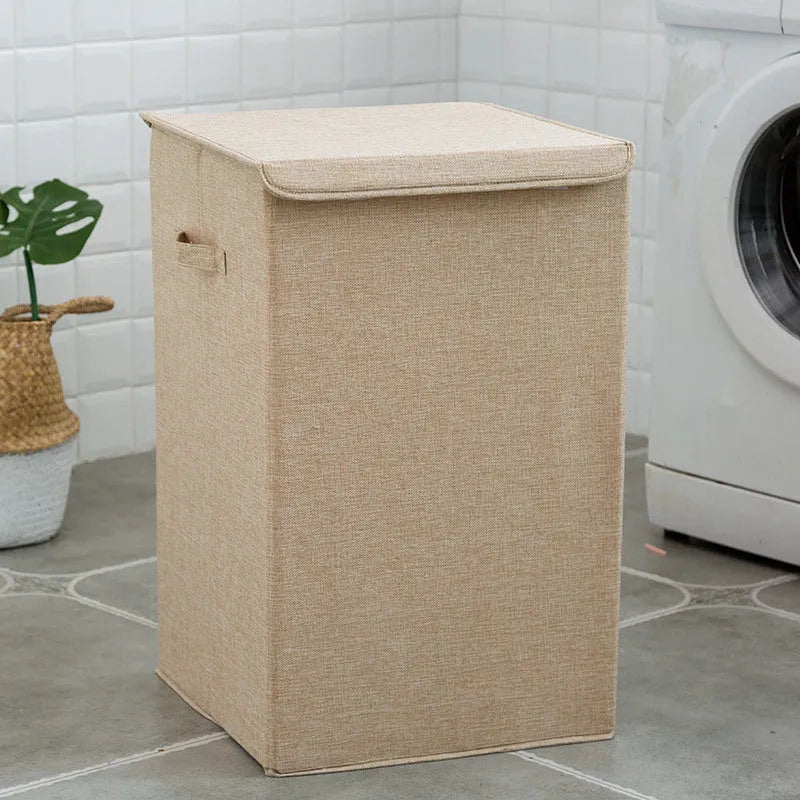 Fabric clothes sorting box in beige, brown, green, or grey colours with cotton linen material.
