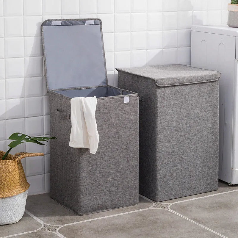 Fabric clothes sorting box in beige, brown, green, or grey colours with cotton linen material.