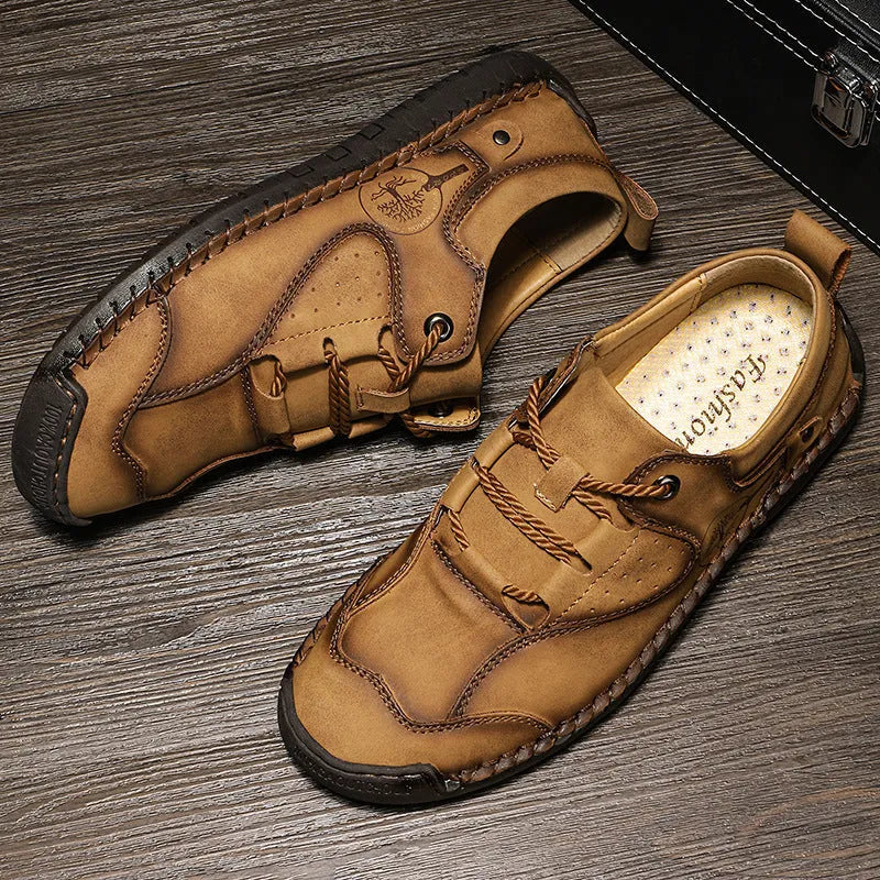 Men's casual leather shoes with microfiber upper in black, gold, and khaki colours