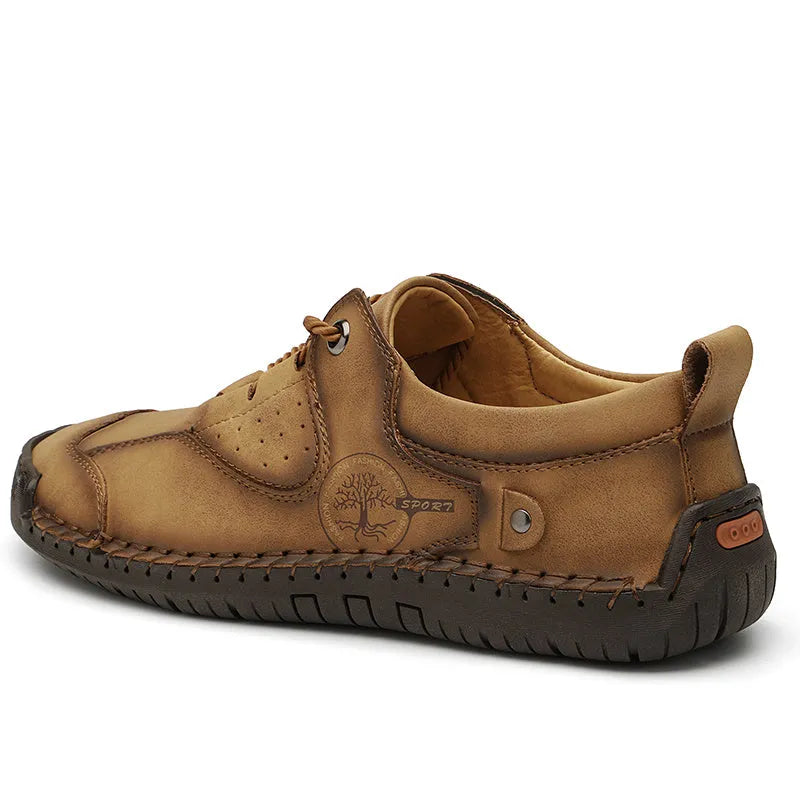 Men's casual leather shoes with microfiber upper in black, gold, and khaki colours