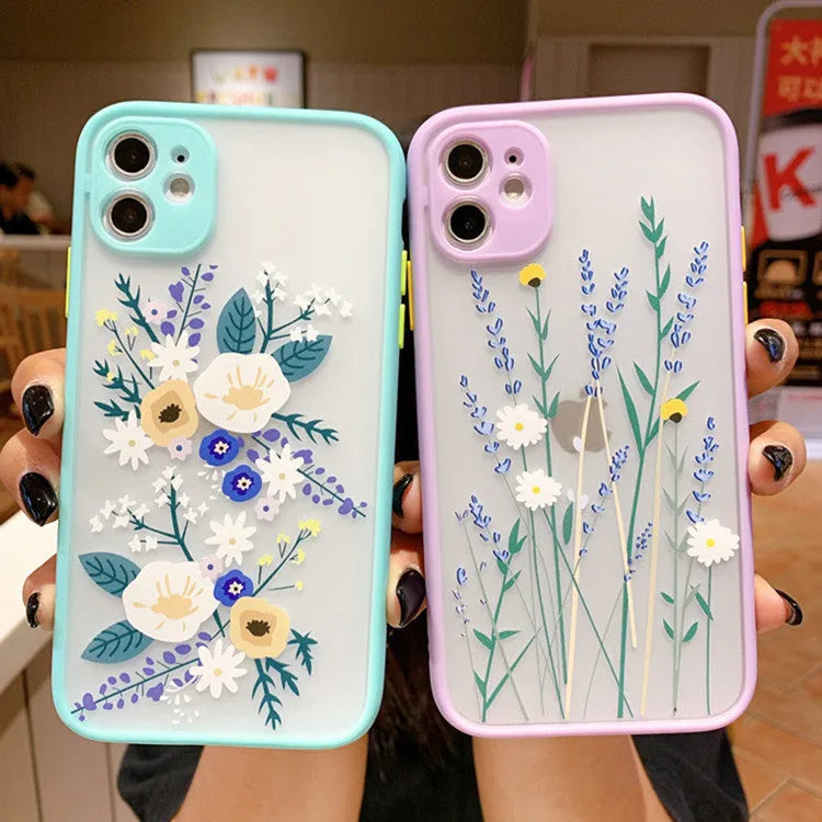 Pink lavender matte frame iPhone case with cartoon floral design on TPU back cover.