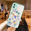Pink lavender matte frame iPhone case with cartoon floral design on TPU back cover.