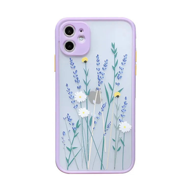 Pink lavender matte frame iPhone case with cartoon floral design on TPU back cover.