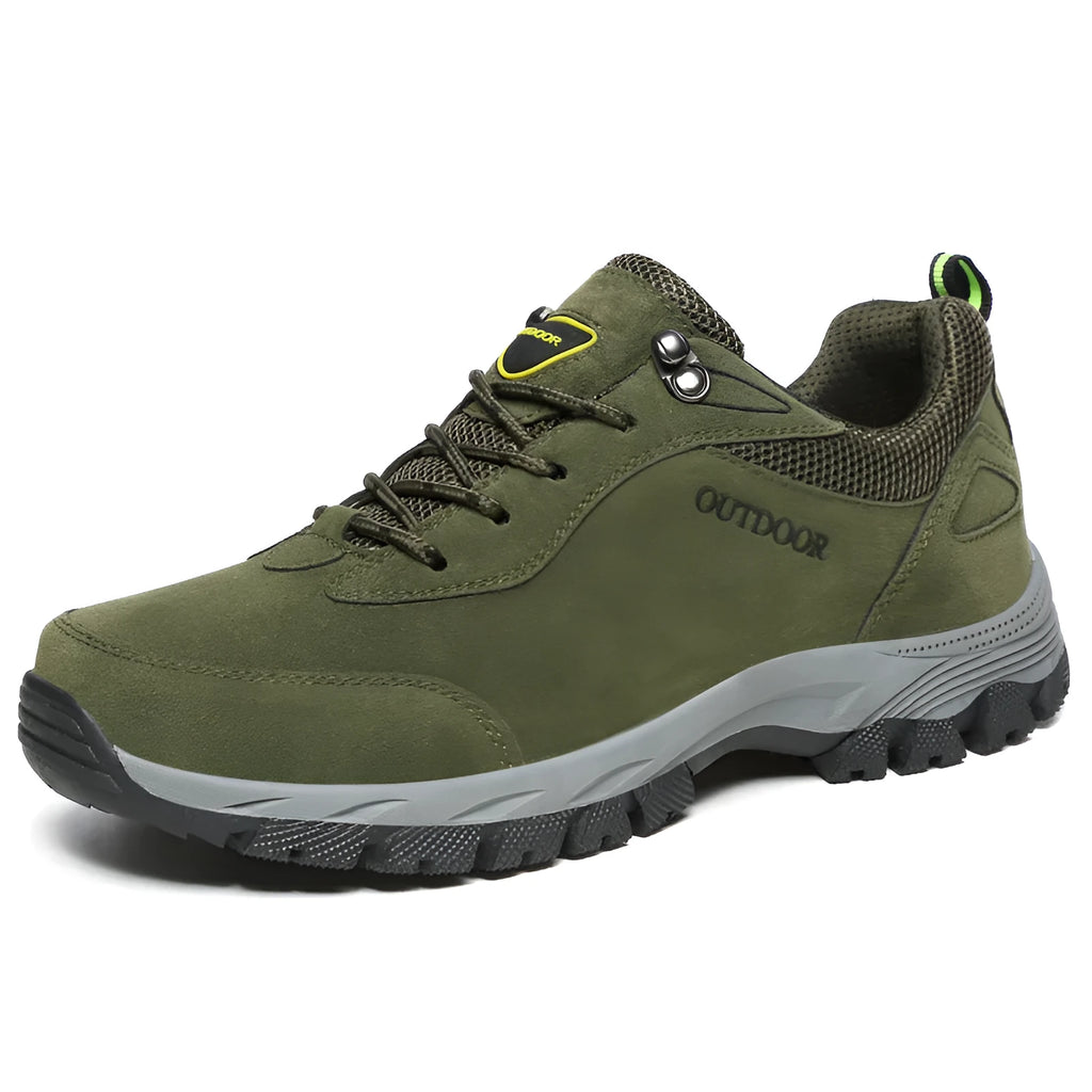 Men's outdoor hiking shoes in army green with low-cut design and mesh detailing
