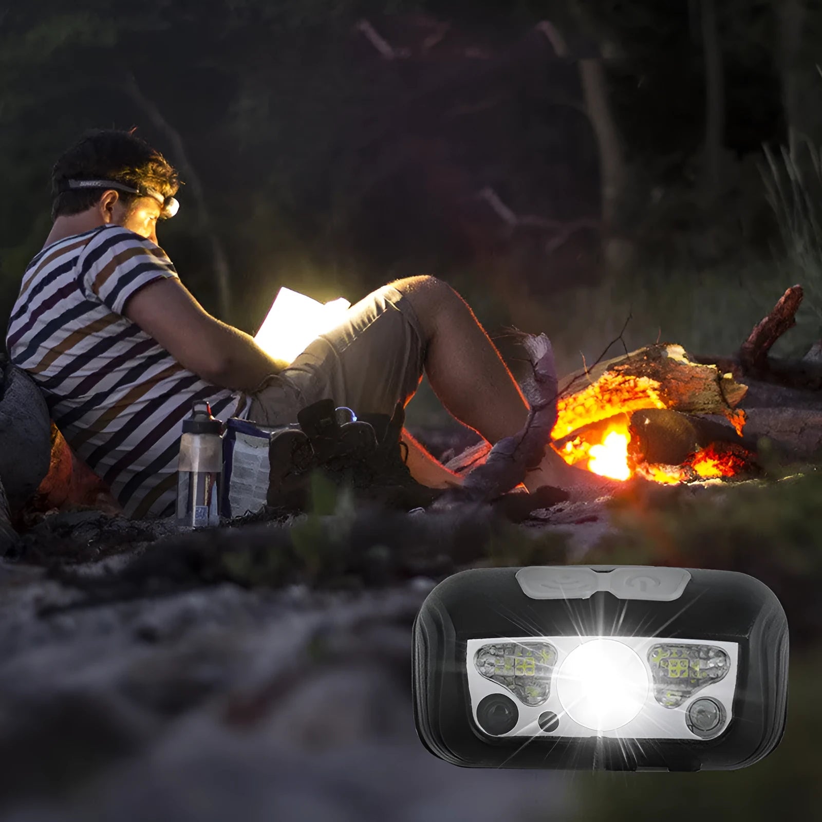 Black USB rechargeable headlamp with sensor switch and red LED running lights on a headband