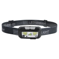 Black USB rechargeable headlamp with sensor switch and red LED running lights on a headband