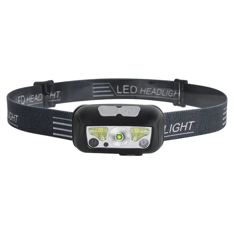Black USB rechargeable headlamp with sensor switch and red LED running lights on a headband