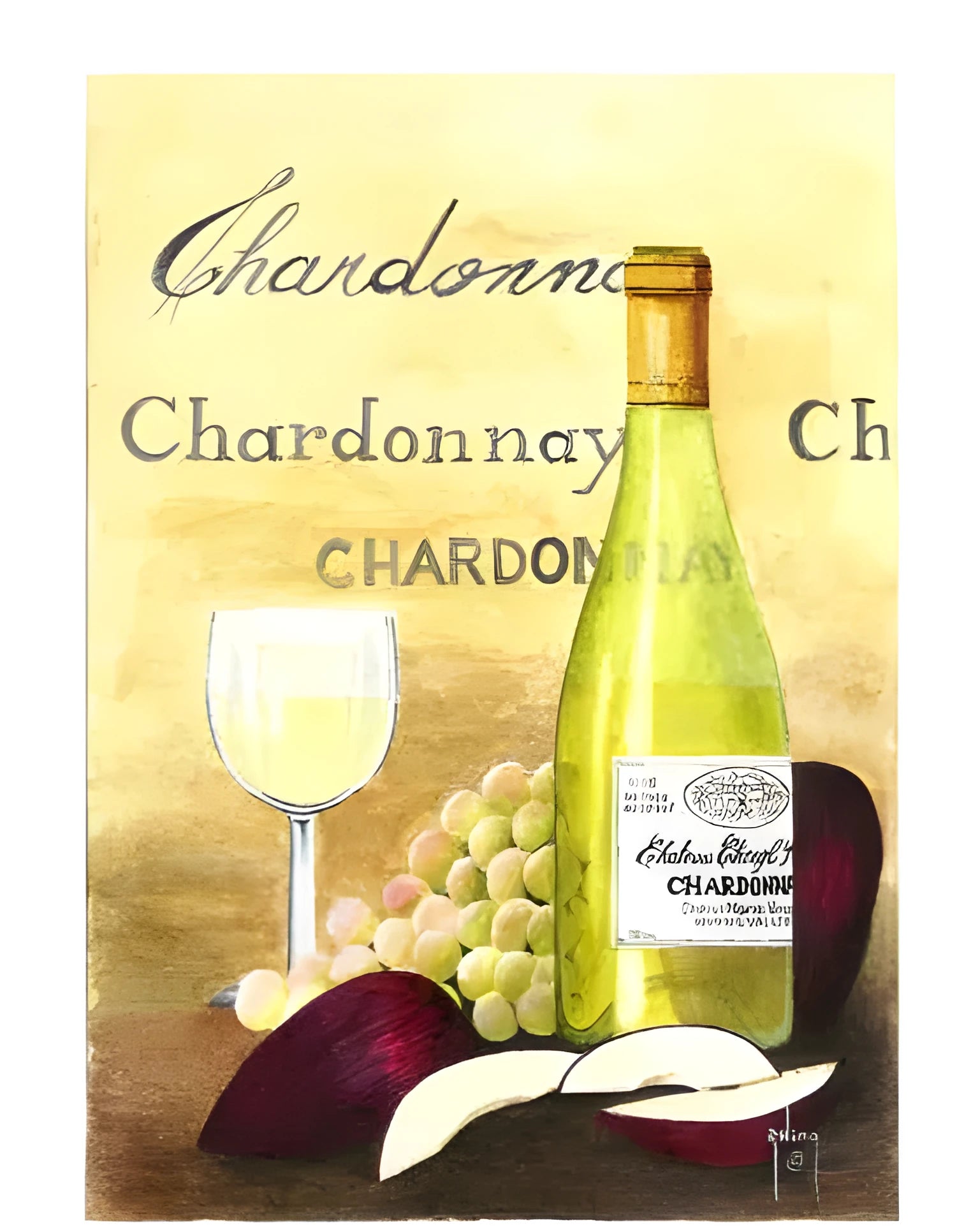 Apple And Chardonnay DIY digital painting kit components on a linen canvas with brushes and paints