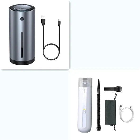 Baseus handheld cordless car vacuum cleaner with blowing hose, shown in black next to its 60ml dust cup.