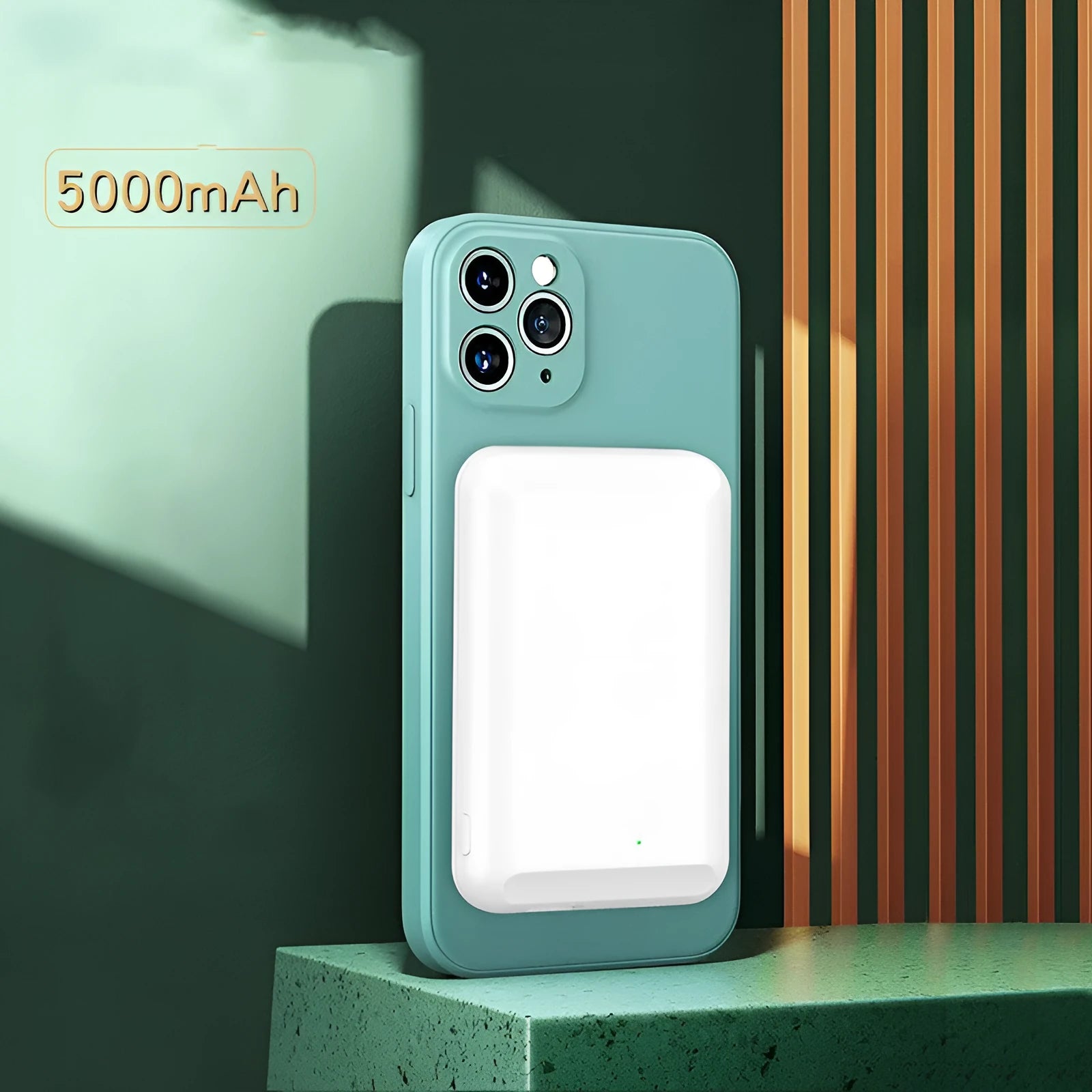Magnetic wireless power bank portable charger in black, blue, green, pink, and white colours.