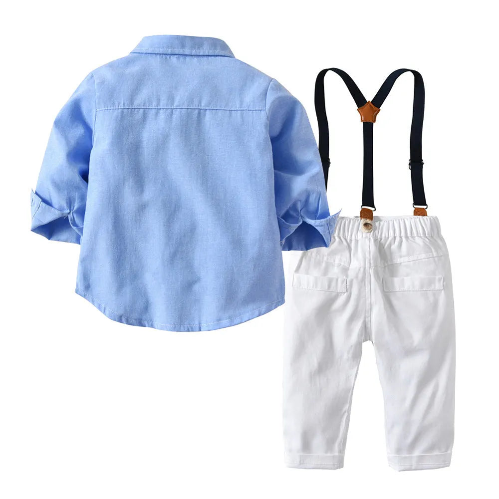 Boys blue gentleman bib pant suit with bow tie and long sleeves