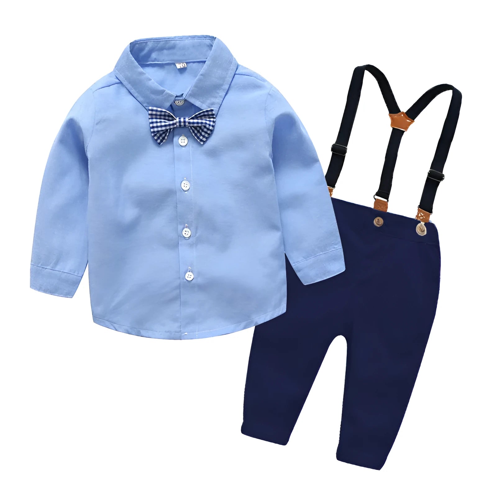 Boys blue gentleman bib pant suit with bow tie and long sleeves