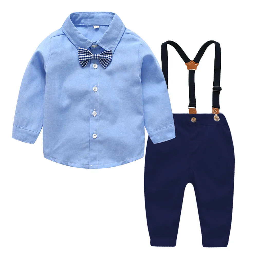 Boys blue gentleman bib pant suit with bow tie and long sleeves