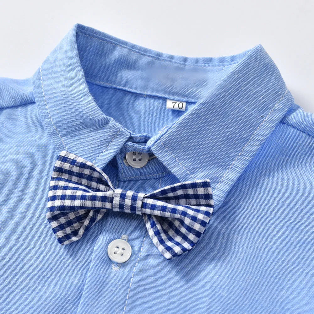 Boys blue gentleman bib pant suit with bow tie and long sleeves