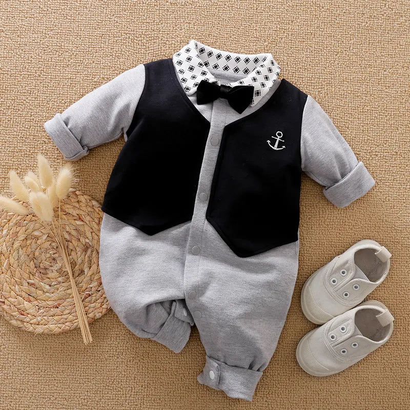 Gentleman's style long-sleeved cotton baby romper for boys shown in a neutral colour.