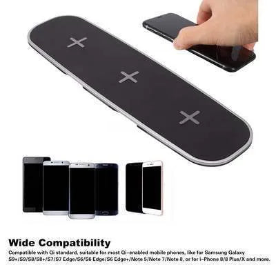 Black and white 3-in-1 Qi wireless charging pad with USB connection