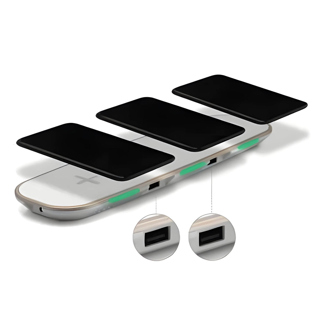 Black and white 3-in-1 Qi wireless charging pad with USB connection
