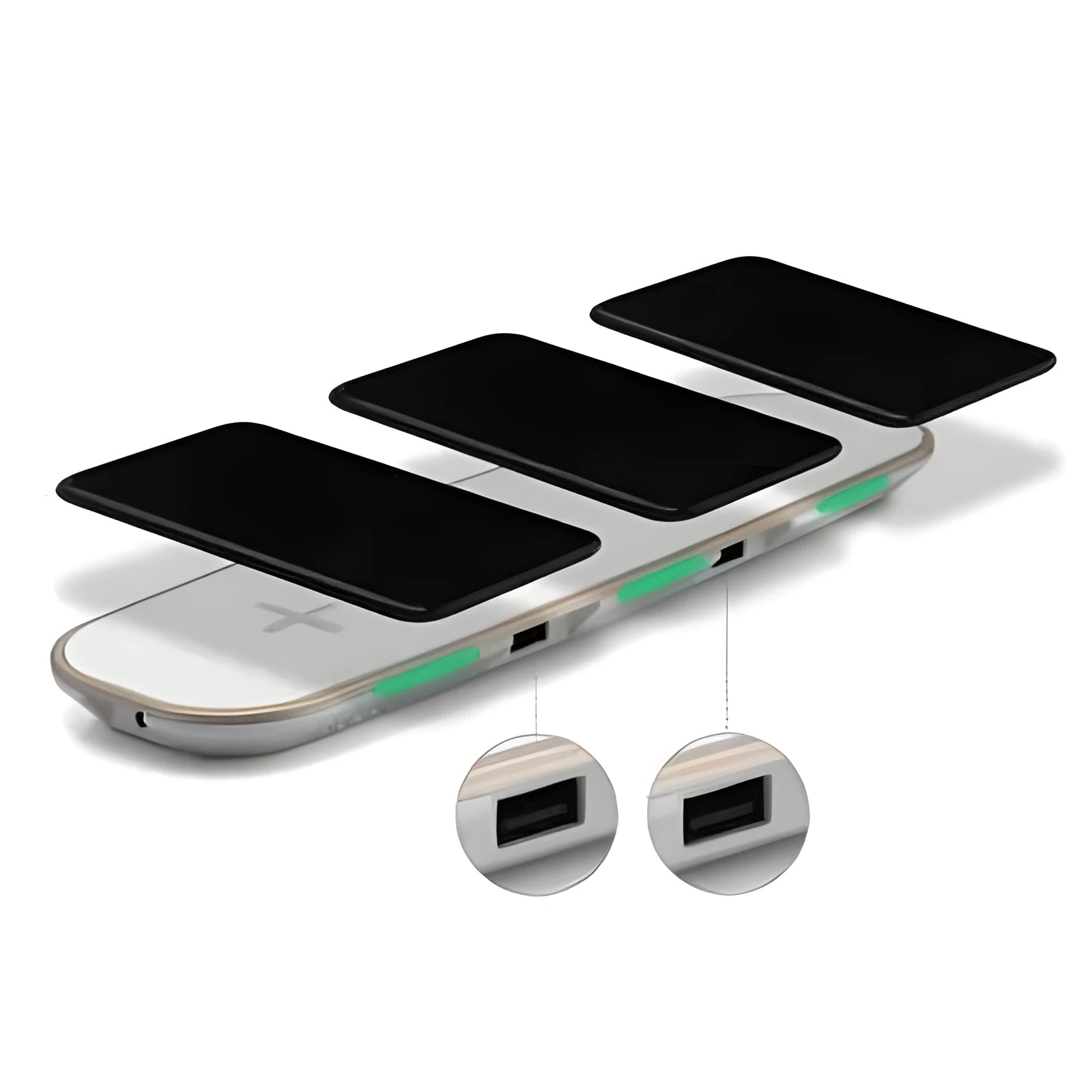Black and white 3-in-1 Qi wireless charging pad with USB connection