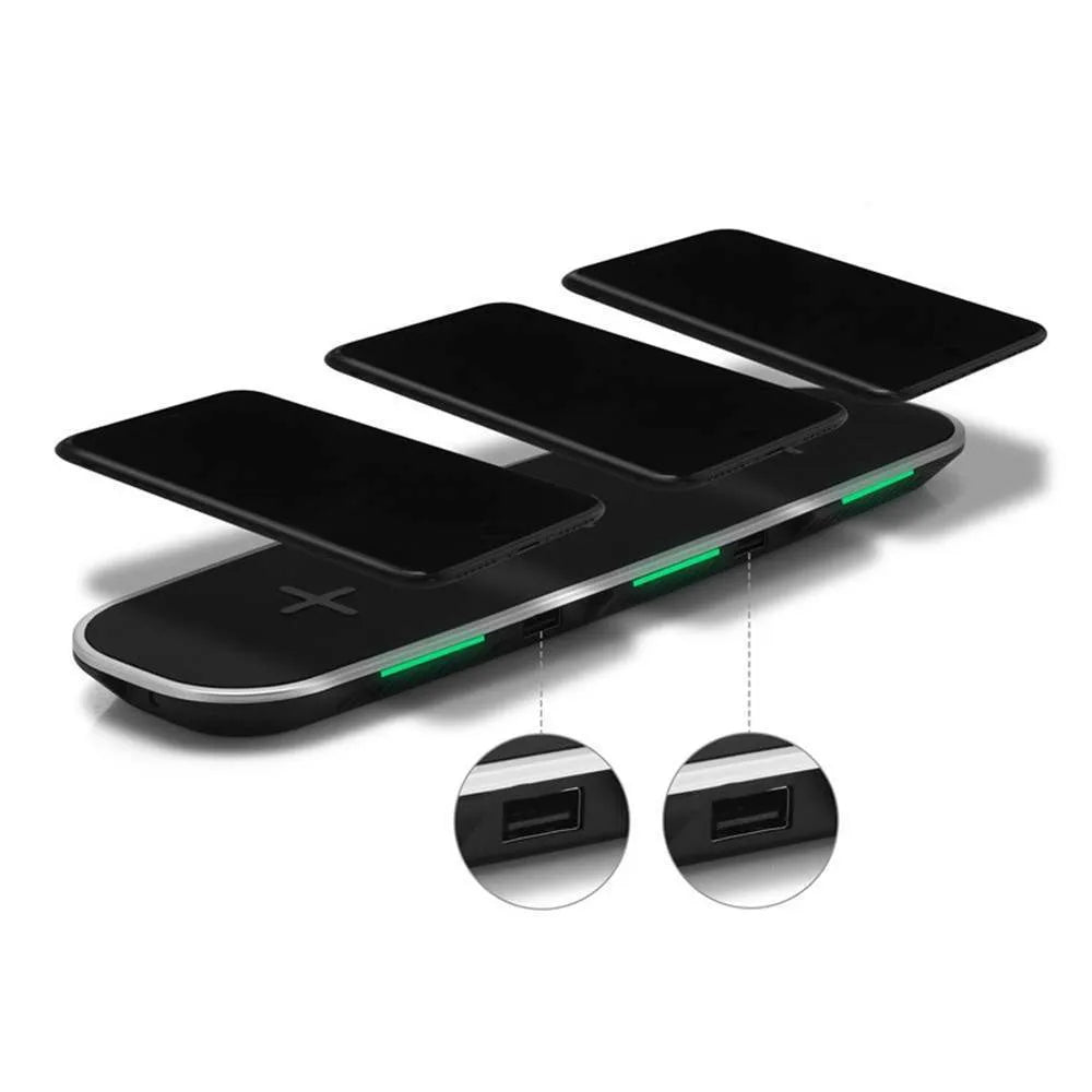 Black and white 3-in-1 Qi wireless charging pad with USB connection