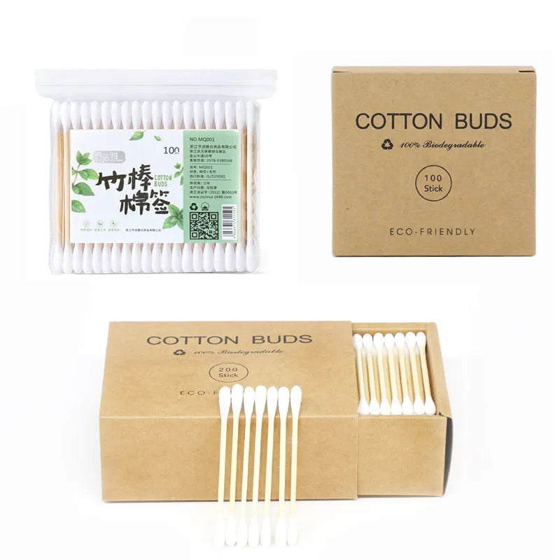 Box of 100 double-ended white cotton swabs for cleaning and beauty use