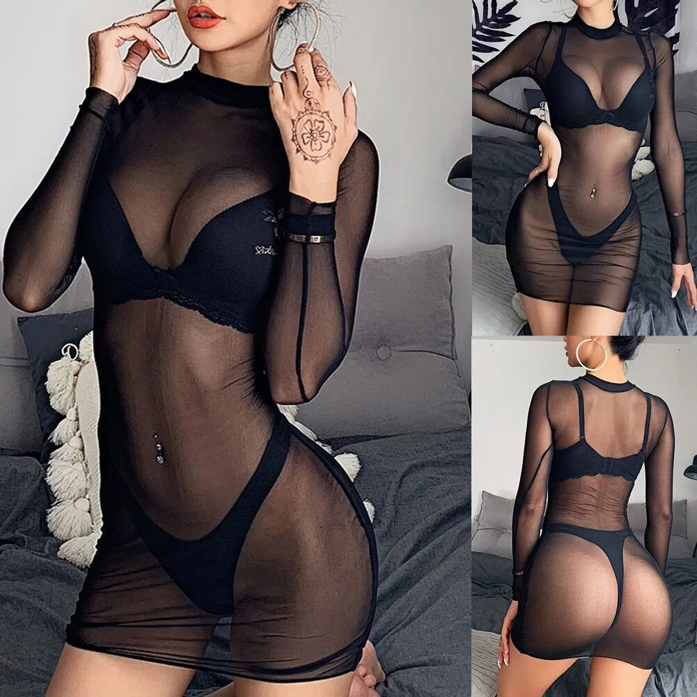 Sheer net bikini with long sleeves in black, see-through mesh fabric, women's swimsuit