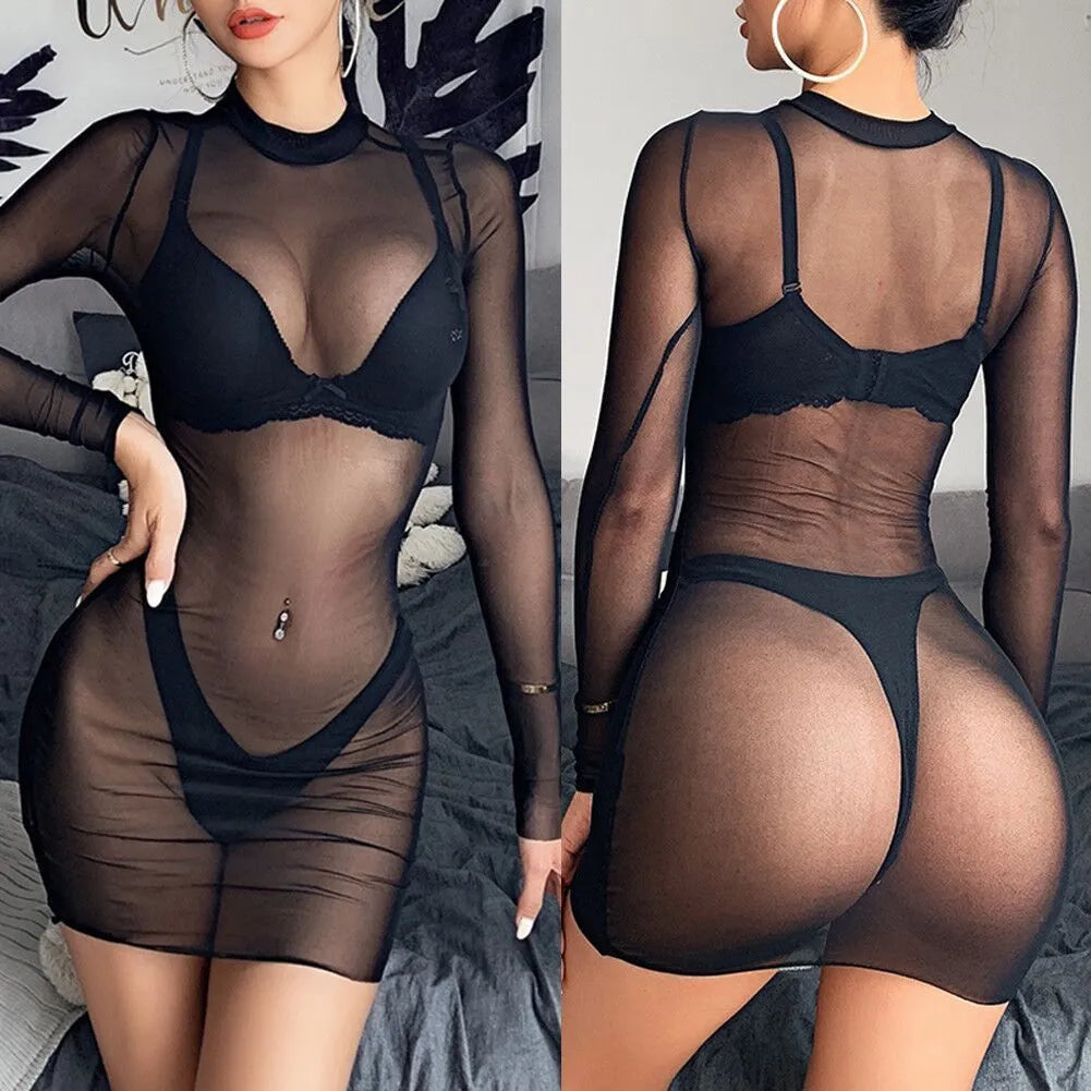 Sheer net bikini with long sleeves in black, see-through mesh fabric, women's swimsuit