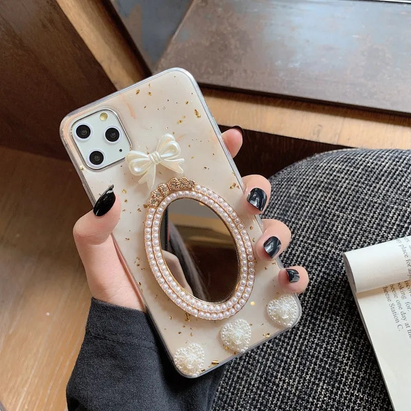 Brown marble pattern iPhone case with bowknot rhinestone mirror design on silicone protective cover