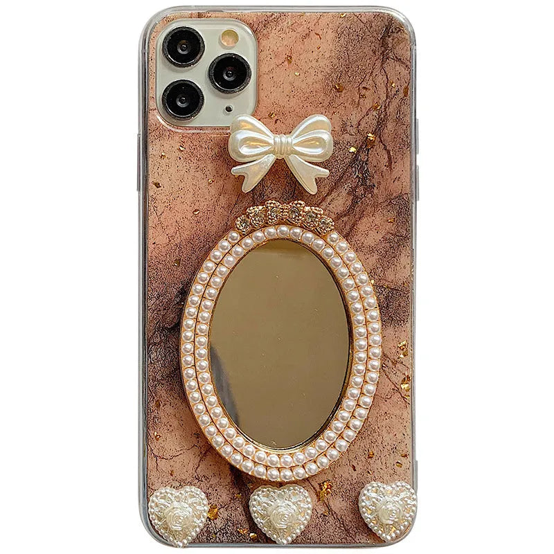 Brown marble pattern iPhone case with bowknot rhinestone mirror design on silicone protective cover