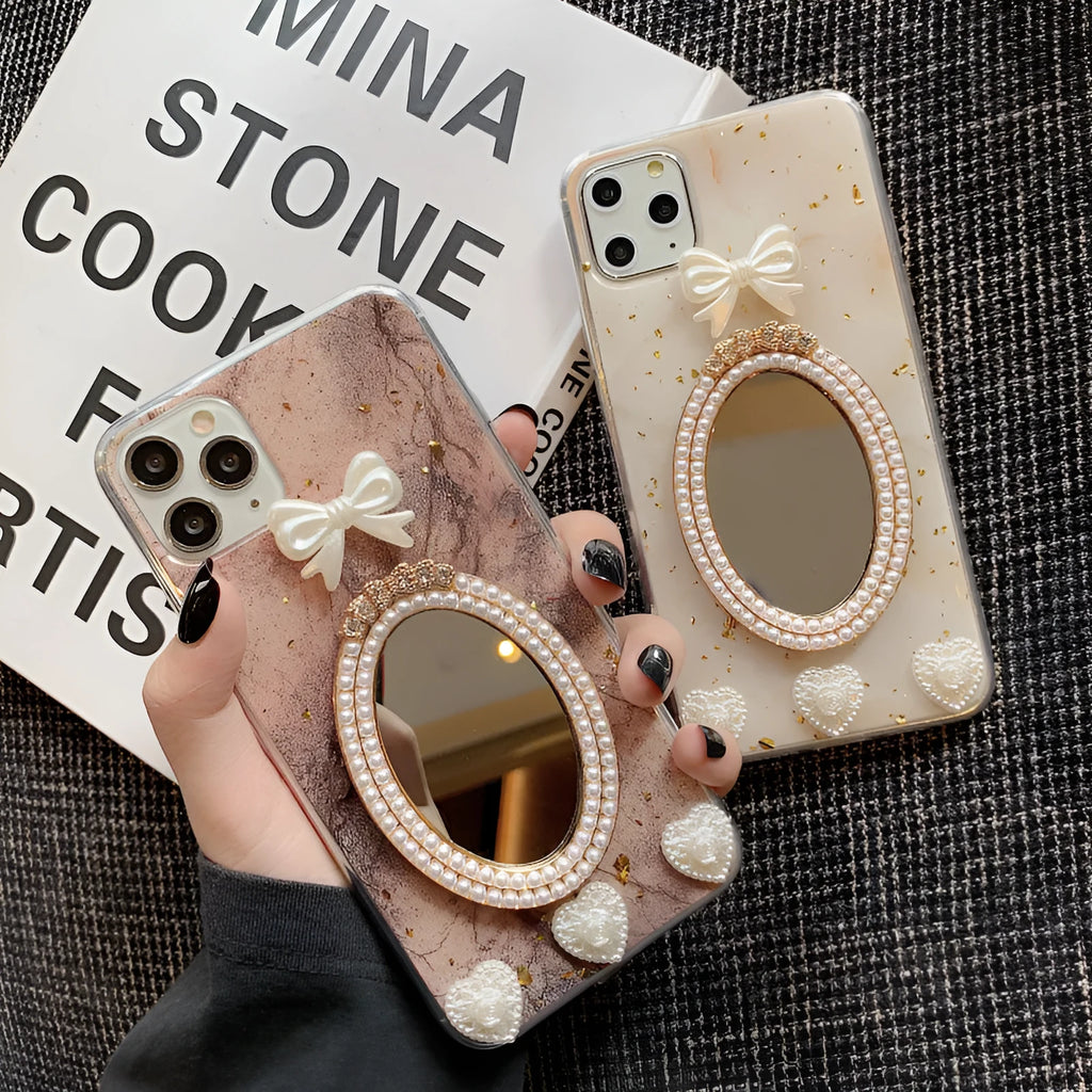 Brown marble pattern iPhone case with bowknot rhinestone mirror design on silicone protective cover