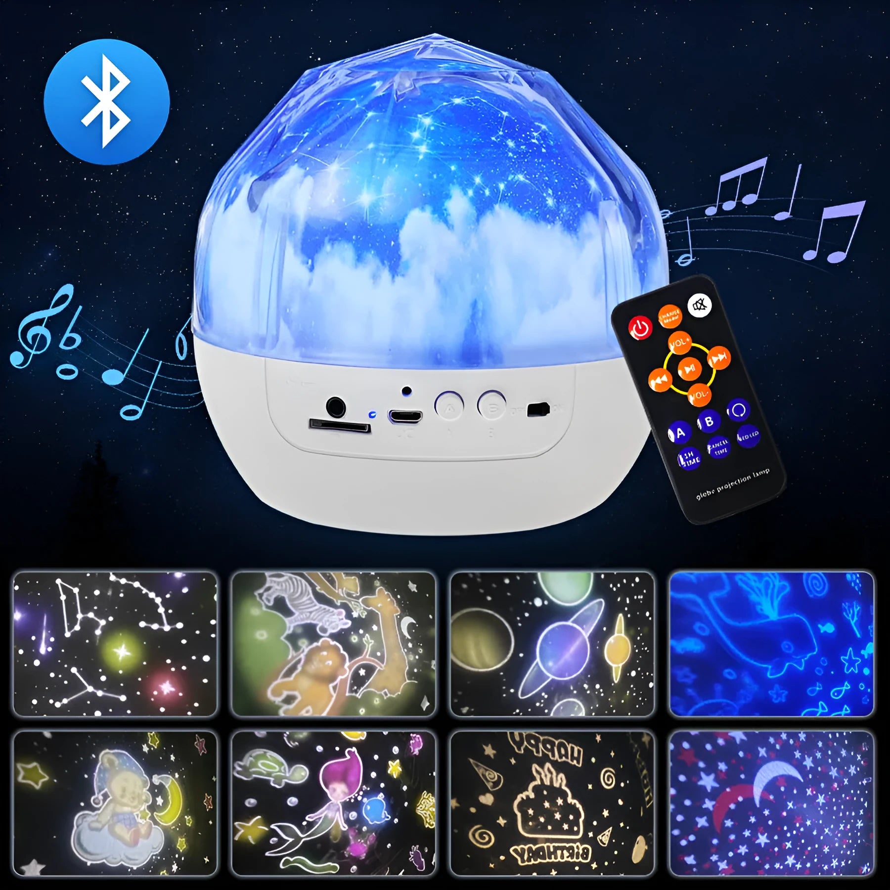 Cartoon-style Bluetooth starry sky projector lamp showing constellation projection on ceiling.