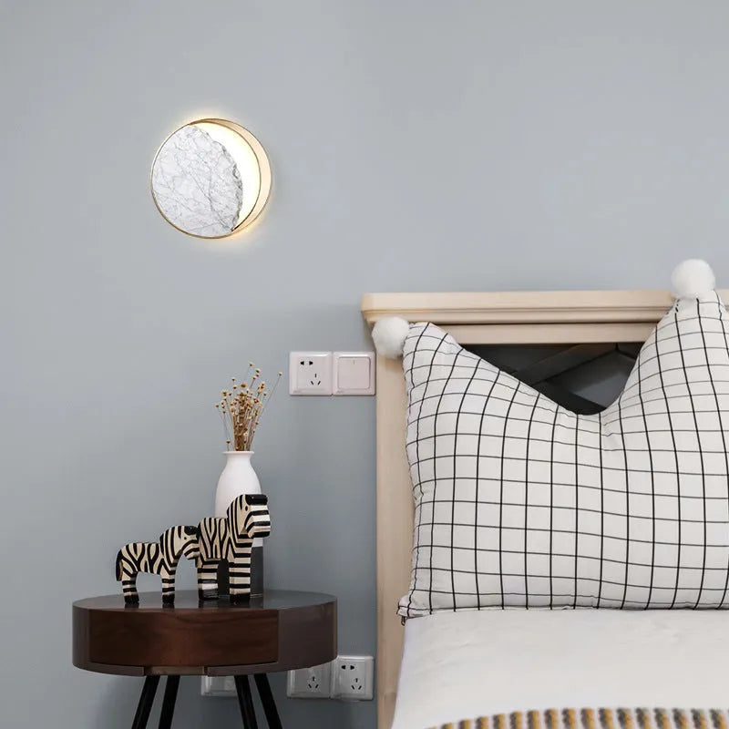 Round marble and copper eclipse design LED wall lamp with 25cm diameter