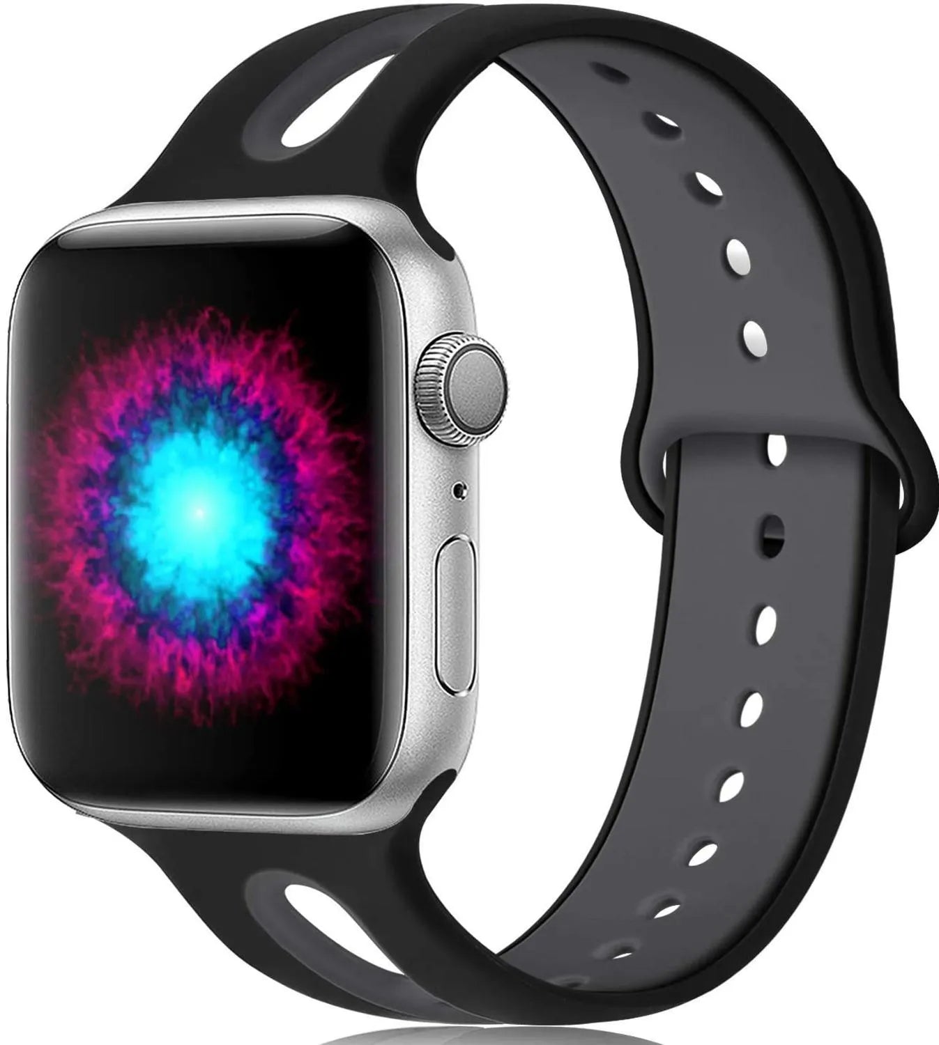 Silicone Apple Watch strap with 6-hole sport loop in two-tone colours on a watch